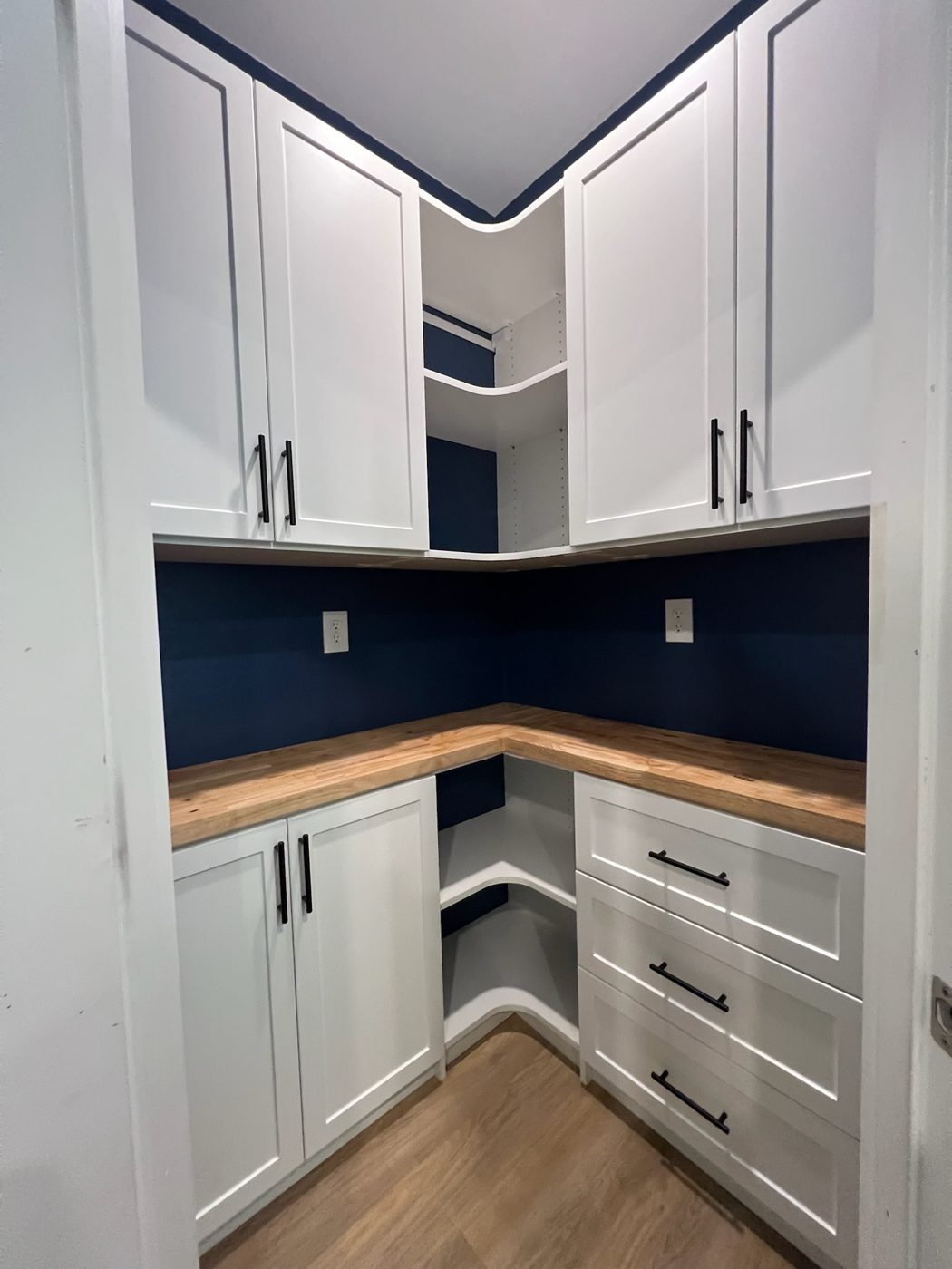 Pantry with white cabinets and navy wall